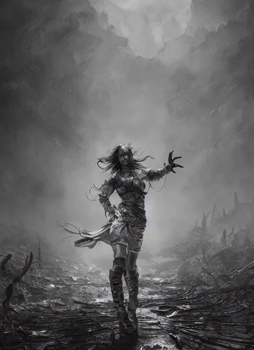 Image similar to Wasteland survivor girl dancing in the acid rain, dramatic lighting, cinematic, establishing shot, extremely high detail, foto realistic, cinematic lighting, pen and ink, intricate line drawings, by Yoshitaka Amano, Ruan Jia, Kentaro Miura, Artgerm, post processed, concept art, artstation,