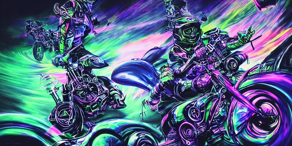 Image similar to psychedelic blacklight airbrush artwork, motorcycles, hyper stylized action shot of orc bikers racing on motorcycles, menacing orcs, drifting, skidding, wheelie, clear focused details, soft airbrushed artwork, black background, post - apocalypse, cgsociety, artstation, peter palombi, peter lloyd