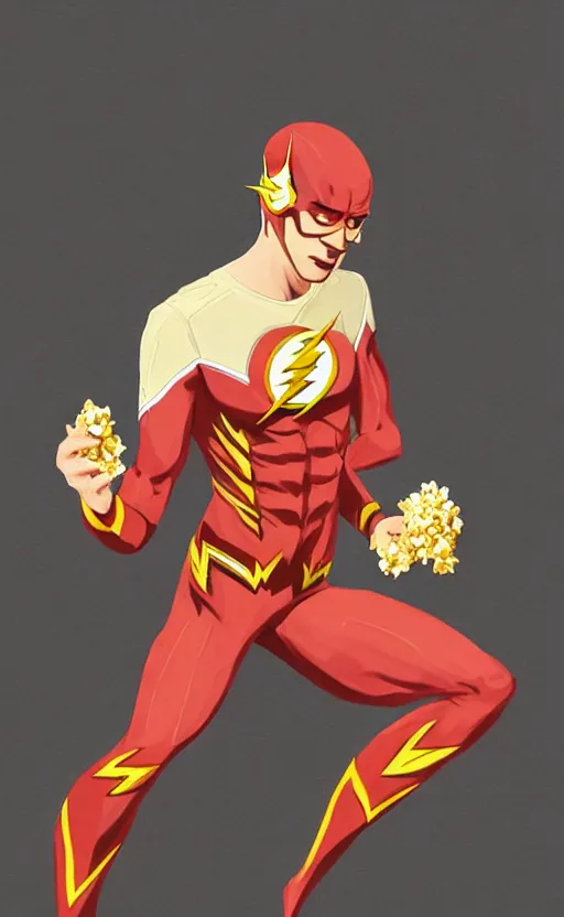 Prompt: ezra miller as flash eating popcorn, very realistic, trendin on artstation