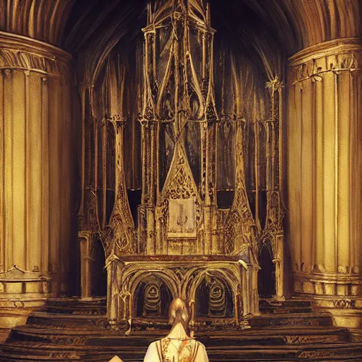 Prompt: Human skeleton, majesty in noble clothes, king resting on a throne inside a cathedral, oil painting, by Fernanda Suarez and Greg Rutkowski