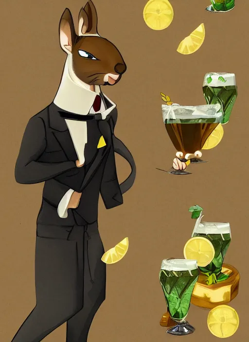 Prompt: squirrel anthro as a dapper bartender in a suit and tie, detailed art deco painterly art style 🐿🍸🍋, furaffinity, trending on artstation