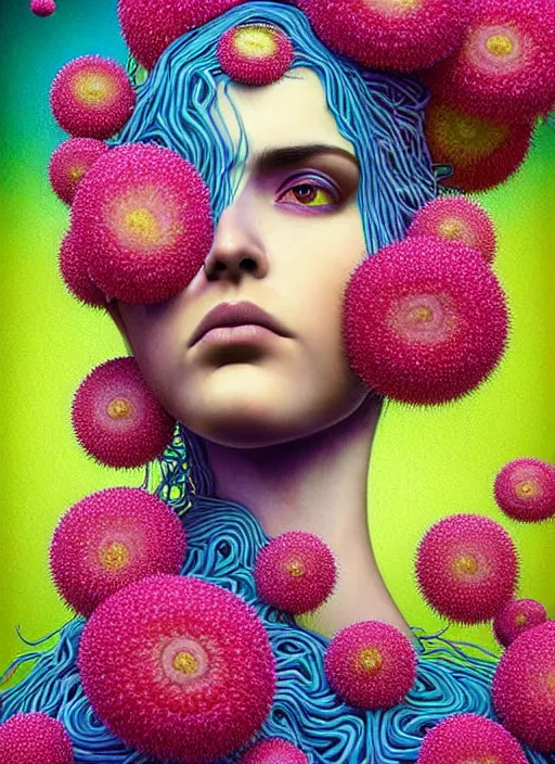 Image similar to hyper detailed 3d render like a Oil painting - Ramona Flowers with wavy black hair wearing thick mascara seen Eating of the Strangling network of colorful yellowcake and aerochrome and milky Fruit and Her staring intensely delicate Hands hold of gossamer polyp blossoms bring iridescent fungal flowers whose spores black the foolish stars by Jacek Yerka, kawaii ,Mariusz Lewandowski, cute silly face, Houdini algorithmic generative render, Abstract brush strokes, Masterpiece, Edward Hopper and James Gilleard, Zdzislaw Beksinski, Mark Ryden, Wolfgang Lettl, Dan Hiller, hints of Yayoi Kasuma, octane render, 8k