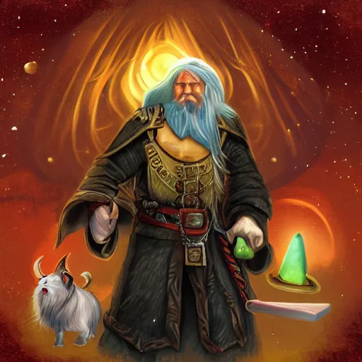 Image similar to dungeons and dragons, realistic,full body long hair goatee warlock with pet imp, magic aura, northern lights