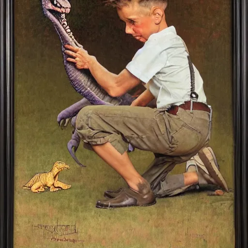 Image similar to a Norman Rockwell painting of a boy and his dinosaur