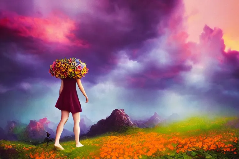 Image similar to giant dahlia flower crown under head, girl walking on mountain, surreal photography, colorful storm clouds, dramatic sunset, impressionist painting, digital painting, artstation, simon stalenhag