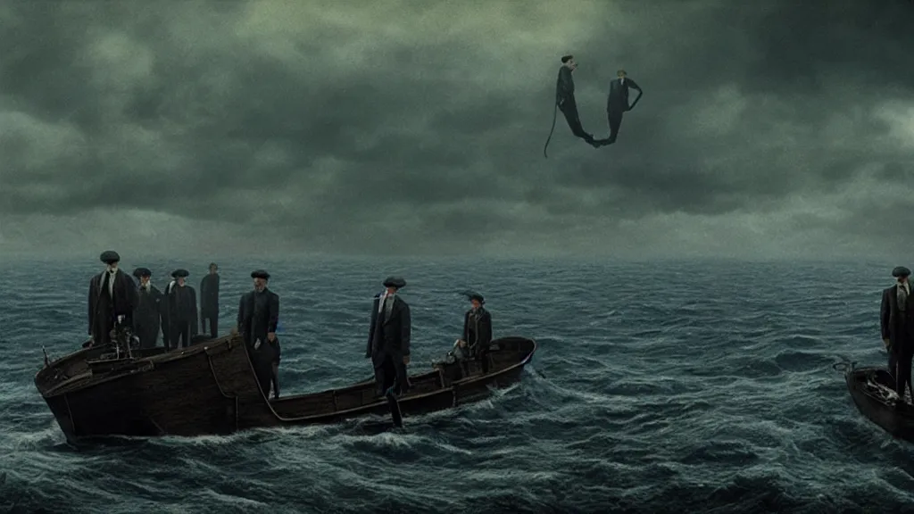 Image similar to photo of the Peaky Blinders coming out of the ocean, extreme detailed face, spaceship flying on the background, film still from the movie directed by Denis Villeneuve with art direction by Zdzisław Beksiński, wide lens