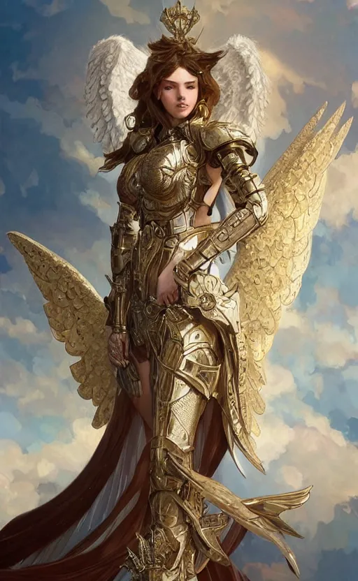 Prompt: A beautiful and fierce angel wearing fancy metallic battle armor and wings among heavenly clouds, intricate, elegant, highly detailed, digital painting, goden hour photography, artstation, concept art, smooth, sharp focus, illustration, art by artgerm and greg rutkowski and alphonse mucha