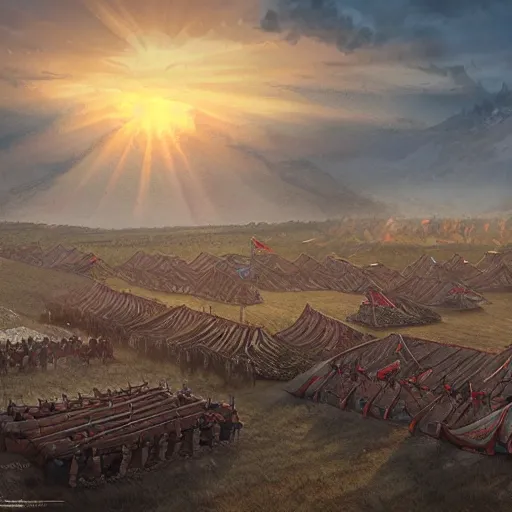 Image similar to Medieval Mongolian army camp at dawn before battle As featured on Artstation By Randy Vargas