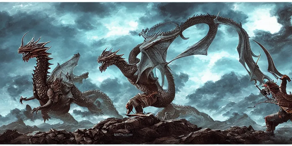 Prompt: ultra realistic illustration, epic high fantasy landscape. elric of melnibone fights an enormous stone dragon graphic art print by michael whalen