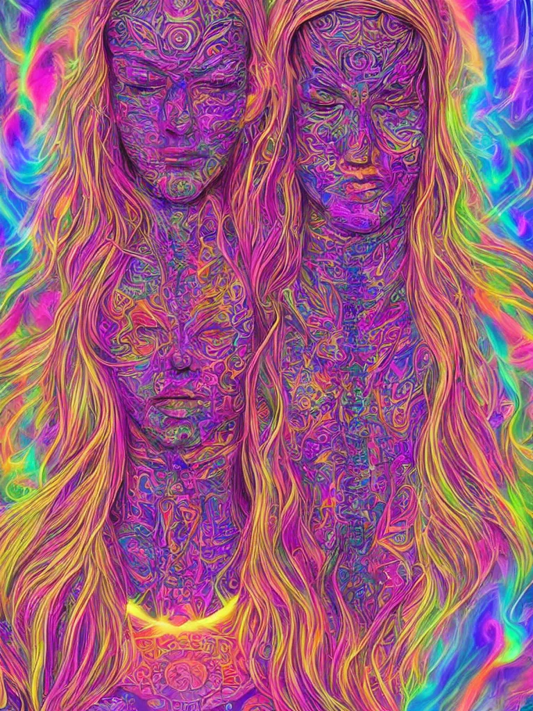 Prompt: psychedelic dmt goddess by alex grey + hyper realistic, 8k, artstation + sharp render