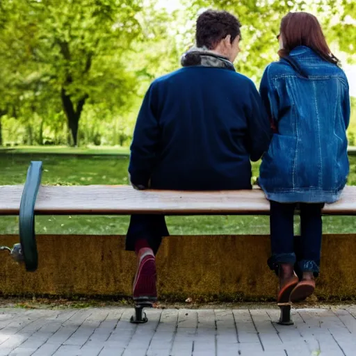 Prompt: a couple sitting on a park bench, sharp focus