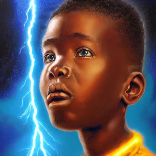 Prompt: upper half portrait of an african boy inside a group of clouds, mecha robots behind - surrounded by bolts of lightning with rays of light emanating from clouds - in drew struzan movie poster style, art by drew struzan, highly detailed, digital painting, ray tracing, illustration, smooth, sharp focus, intricate, symmetry, artstation,