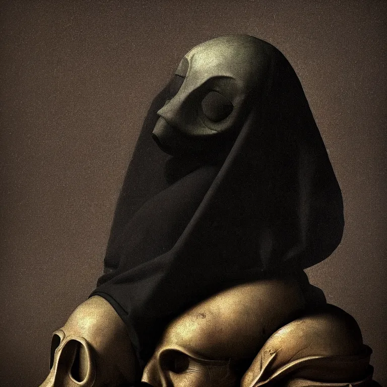 Prompt: still life of black mask by hieronymus bosch, wide shot, soft glow bloom lucid dream - like ethereal atmosphere, baroque portrait painting, perfect composition, beautiful intricate detailed octane render trending on artstation, 8 k artistic photography, volumetric cinematic perfect light, chiaroscuro, masterpiece, raphael, caravaggio, rutkowski, beeple, beksinski