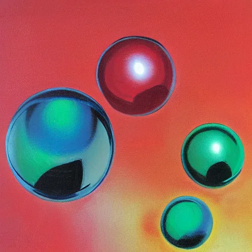 Prompt: chrome spheres on a red cube, tempera