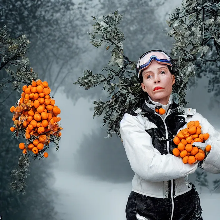 Prompt: a closeup portrait of a woman wearing a ski suit made of clouds and metal scraps, picking oranges from a tree in an orchard, foggy, moody, photograph, by vincent desiderio, canon eos c 3 0 0, ƒ 1. 8, 3 5 mm, 8 k, medium - format print