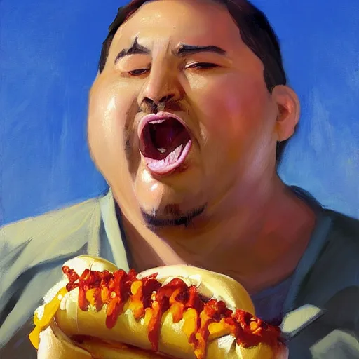 Image similar to greg manchess portrait painting ofchubby man eating a hot dog overwatch character, medium shot, asymmetrical, profile picture, organic painting, sunny day, matte painting, bold shapes, hard edges, street art, trending on artstation, by huang guangjian and gil elvgren and sachin teng