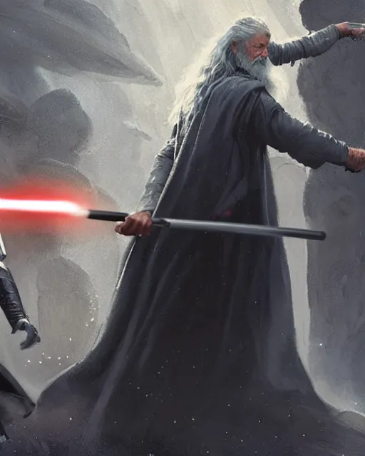 Prompt: ! dream gandalf and darth vader battling with magic and light sabers, greg rutkowski, esuthio, craig mullins, cinematic lighting, gloomy