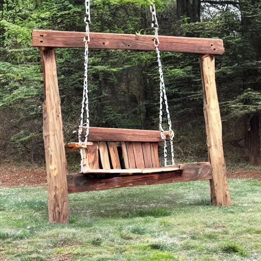 Prompt: rugged wooden swing held up by chains on the left and right.