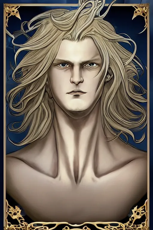 Image similar to digital art of a pale menacing male Cyborg Angel of Battle with fluffy blond curls of hair and piercing eyes, ascending to godhood blessed by the sun, bathed in scintillating radiance, johan liebert mixed with Dante, central composition, he commands the fiery power of resonance and wrath, very very long blond curly hair, fringe over forehead, Center parted bangs, forehead bangs parted in the middle, baroque curls, by WLOP, Artstation, CGsociety