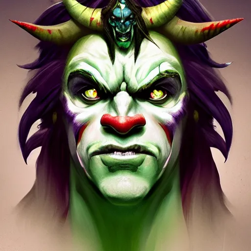 Image similar to illidan stormrage as a clown by jama jurabaev, cinematic shot, brush hard, artstation, cgsociety, high quality, brush stroke