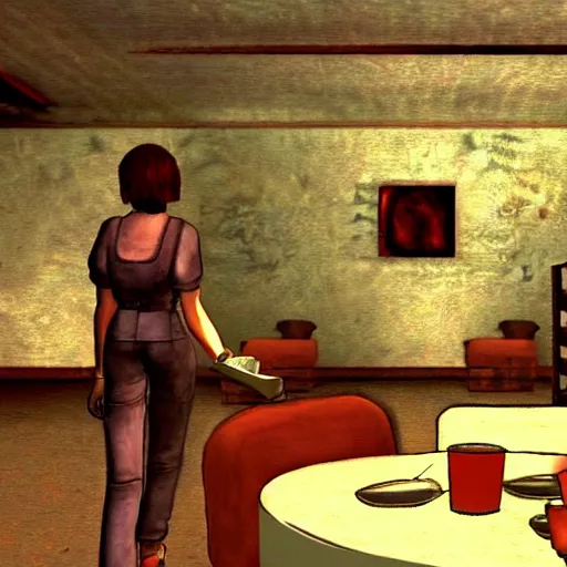 Prompt: a still of breakfast at tiffany's, 2 0 0 3 silent hill 3 graphics ps 2 visuals aesthetic