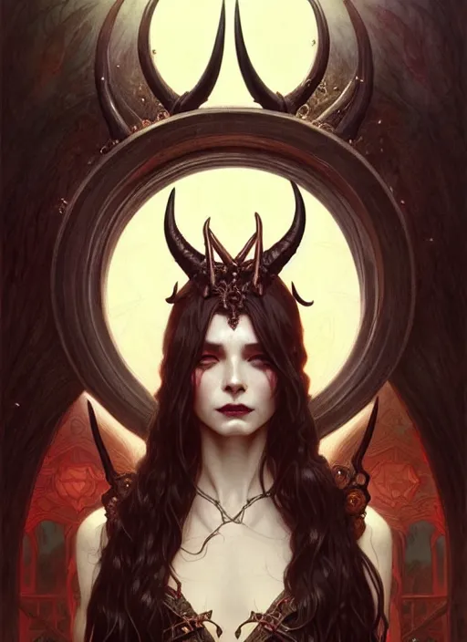 Prompt: a beautiful illustration of a satanic witch with horns in head, intricate, sharp focus, illustration, highly detailed, digital painting, concept art, matte, art by WLOP and Artgerm and Greg Rutkowski and Alphonse Mucha, masterpiece