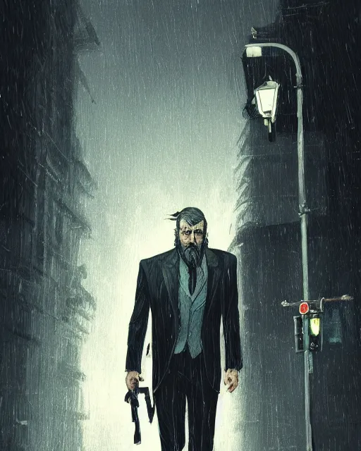 Prompt: a mysterious rugged man in a pinstripe suit holding a pistol in one hand. Pinstripe suit. Raining, street lamps, stormy, atmospheric lighting, mysterious, gloomy. By Makoto Shinkai, Stanley Artgerm Lau, WLOP, Rossdraws, James Jean, Andrei Riabovitchev, Marc Simonetti, krenz cushart, Sakimichan, D&D trending on ArtStation, digital art.