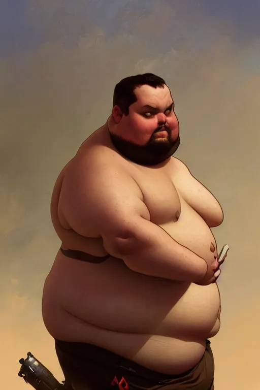 Image similar to an overweight man as a human cannonball, realistic painting, symmetrical, highly detailed, digital painting, artstation, concept art, smooth, sharp focus, illustration, cinematic lighting, art by artgerm and greg rutkowski and alphonse mucha