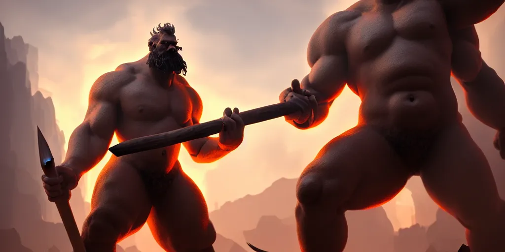 Image similar to painting of thunder giant holding a fire axe, immaculate scale, hyper-realistic, Unreal Engine, Octane Render, digital art, trending on Artstation, 8k, detailed, atmospheric, immaculate