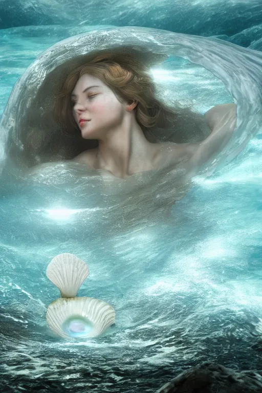 Prompt: Aphrodite rising out of the sea in a clam shell, photorealistic, high resolution, award winning, trending on artstation, volumetric lighting, highly detailed, daylight.