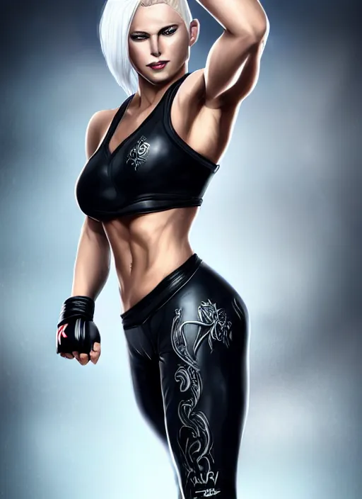 Prompt: a highly detailed illustration of fierce beautiful platinum blonde woman wearing black mma gear, dramatic smile pose, muscular, perfect face, perfect body, intricate, elegant, highly detailed, centered, digital painting, artstation, concept art, smooth, sharp focus, league of legends concept art, wlop