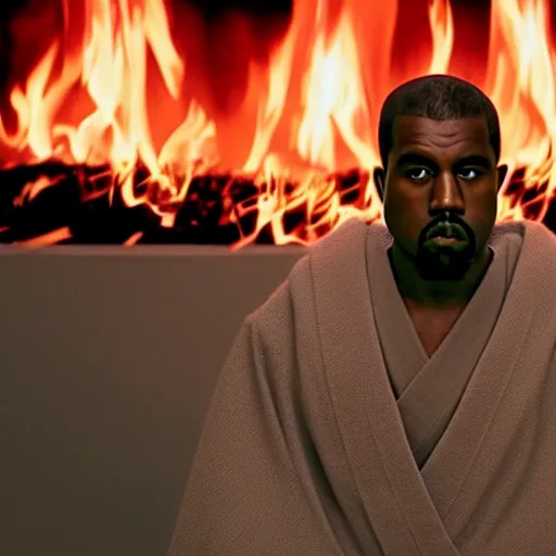 Image similar to cinematic film still of Kanye West starring as a Japanese Sensei with fire, Japanese CGI, VFX, 2003, 40mm lens, shallow depth of field, film photography