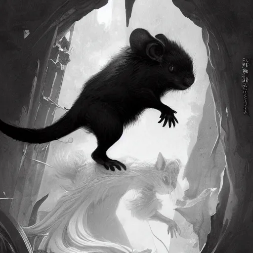 Prompt: masterpiece painting of a black and white spotted wererat highly detailed, digital painting, artstation, concept art, smooth, sharp focus, illustration, art by artgerm and greg rutkowski and alphonse mucha