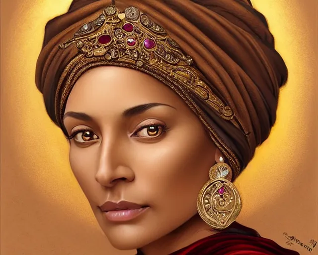 Image similar to mindblowing portrait of an elegant tan woman in her 5 0 s, ornate turban, brown eyes, ruby and gold jewelry, deep focus, symmetrical face, d & d, fantasy, intricate, elegant, highly detailed, digital painting, artstation, concept art, matte, sharp, illustration, hearthstone, art by artgerm and greg rutkowski and alphonse mucha