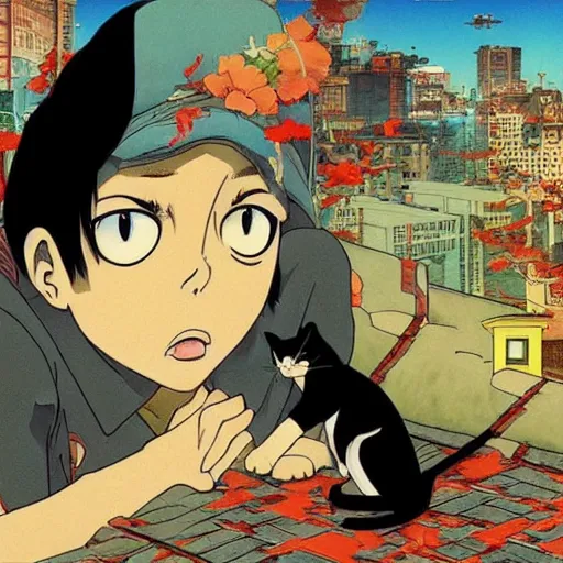 Image similar to a cat watches the end of the world, by satoshi kon