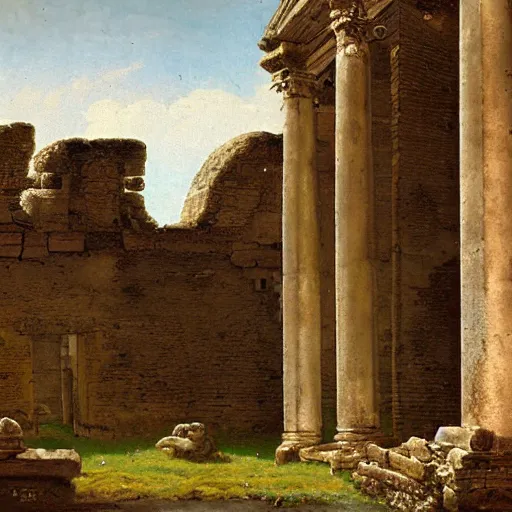 Image similar to roman ruins in the english countryside, dark ages, 8 th century, by james gurney