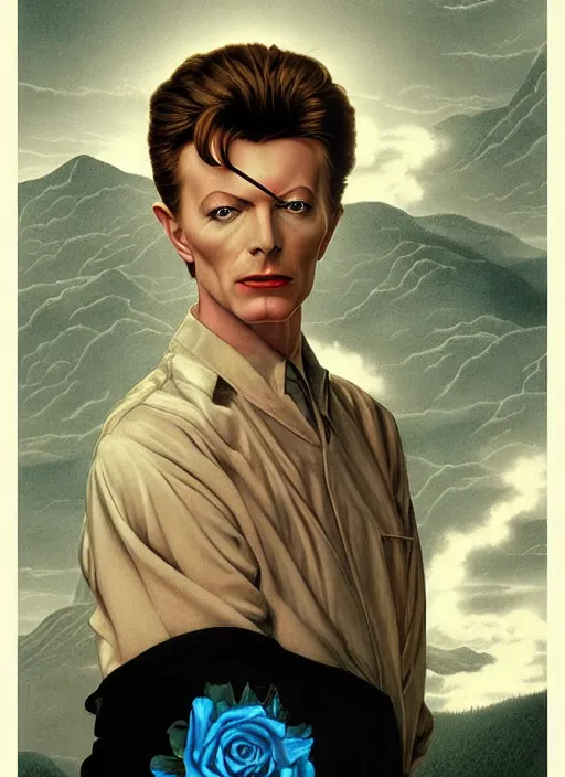 Prompt: twin peaks poster art, portrait of david bowie large blue rose looms over him, by michael whelan, rossetti bouguereau, artgerm, retro, nostalgic, old fashioned