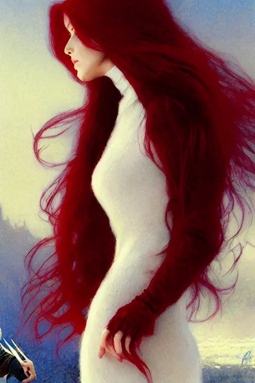 Prompt: beautiful vampire long red hair in a white woollen turtleneck dress, pointing at a small blue shin godzilla, portrait dnd, painting by gaston bussiere, craig mullins, greg rutkowski, yoji shinkawa