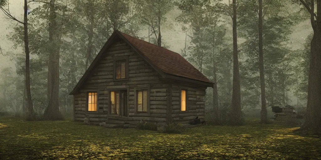 Image similar to a single cottage in the woods and empty woods, 8k, fantasy, realistic, atmospheric lighting