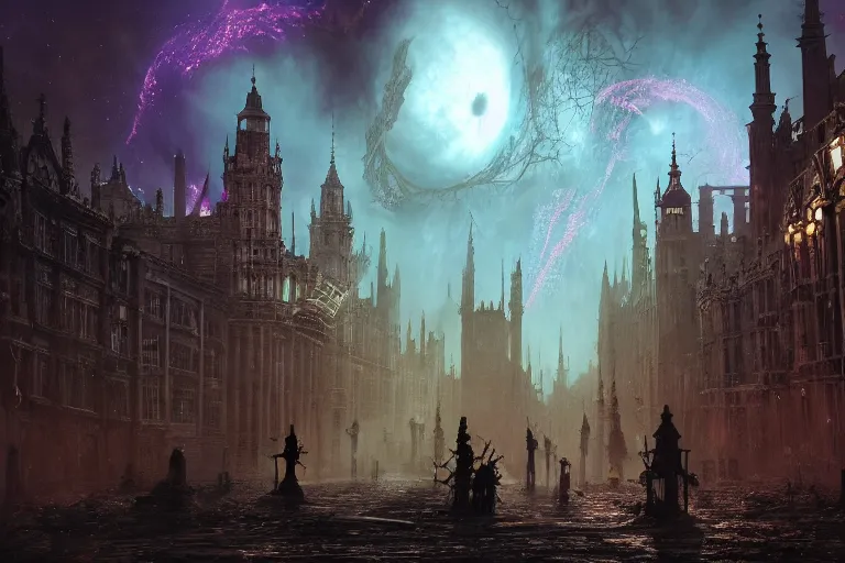Prompt: victorian london attacked by aliens and cosmic horrors, inspired by bloodborne screenshots, fancy medieval architecture, mesmerizing, beautiful, fantastical, concept art, highly detailed, artstation, trending, widescreen resolution, feng zhu, shaddy safadi, noah bradley, tyler edlin, jordan grimmer, darek zabrocki, neil blevins, tuomas korpi