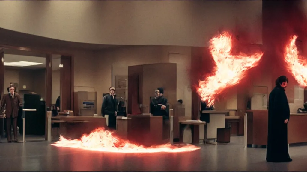 Prompt: the strange creature in line at the bank, made of fire, film still from the movie directed by Denis Villeneuve with art direction by Salvador Dalí, wide lens