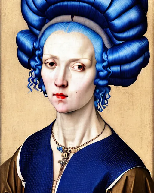 Prompt: photorealistic portrait of a woman with blue hair and big hair rollers, wearing a baggy pajamas, intricate details, highly detailed, in the style of rogier van der weyden and jacopo da pontormo, punk, masterpiece
