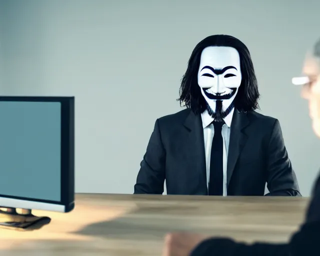 Image similar to man wearing guy fawkes mask looking at computer monitor, corporate photo, cinematic lighting
