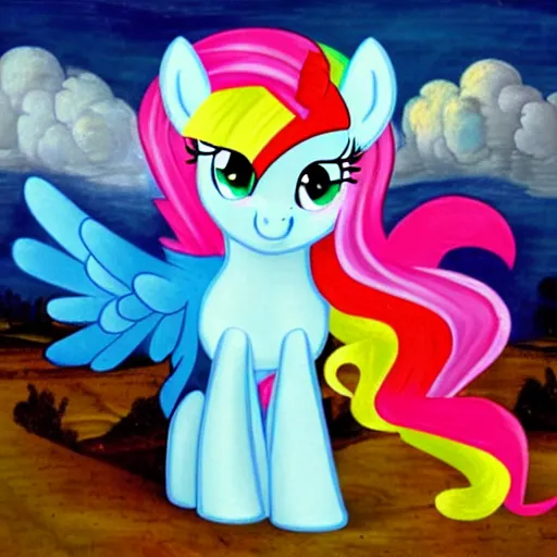 Image similar to my little pony painted in the style of renaissance paintings and lisa frank