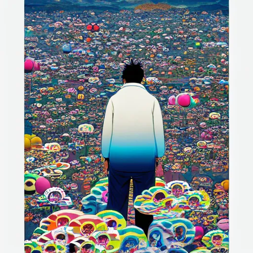 Image similar to a man walking on clouds away from the camera above kyoto by takashi murakami, beeple and james jean, aya takano color style, 4 k, super detailed, modern, 4 k, symmetrical