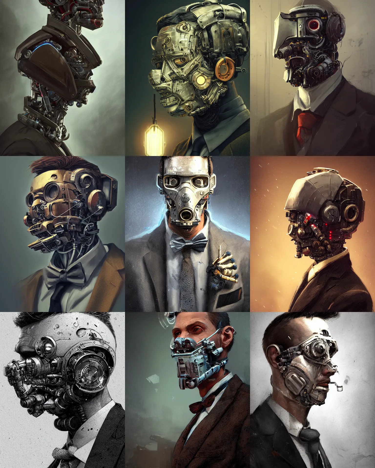 Prompt: a rugged young engineer man with cybernetic enhancements wearing a suit and bowtie, detailed mask, scifi character portrait by greg rutkowski, esuthio, craig mullins, 1 / 4 headshot, cinematic lighting, dystopian scifi gear, gloomy, profile picture, mechanical, half robot, implants, steampunk