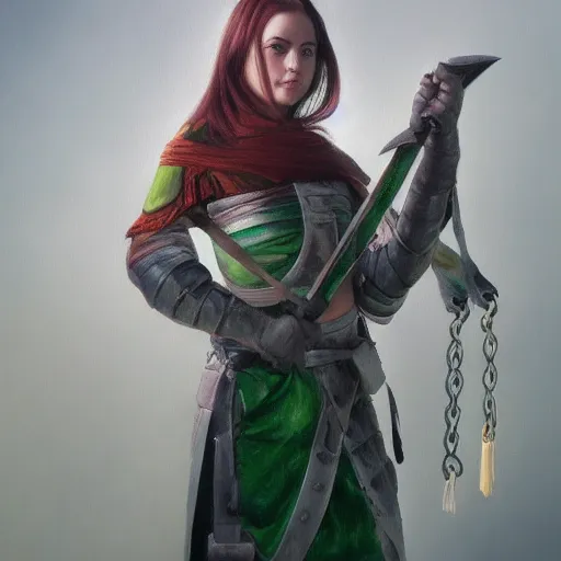 Prompt: oil painting of a jade sword hanging from the belt of a girl knight, hyperrealistic painting, deviantart, baroqe