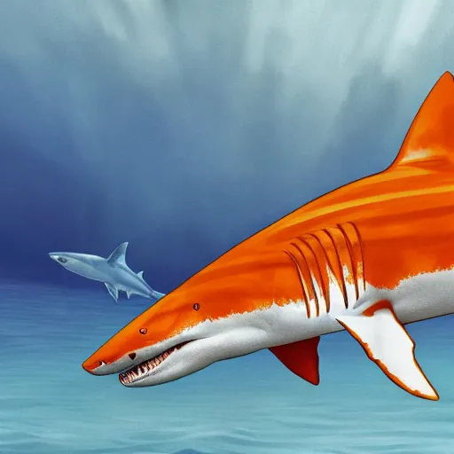 Prompt: great white shark tiger shark, side view, with a silver and orange striped traffic cone construction cone on its dorsal fin, ocean background detailed atmospheric - ron cheng & alphonse mucha, highly detailed, digital painting, ray tracing, concept art, illustration, smooth sharp focus, intricate, symmetry, artstation,