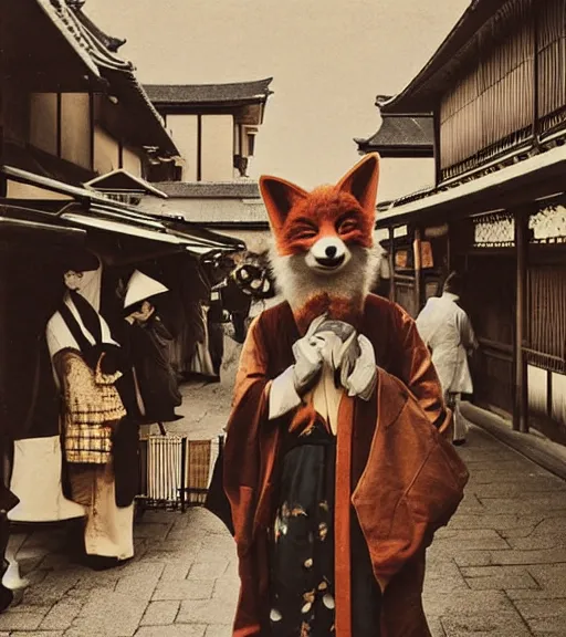 Prompt: 1 8 th century japanese street market in kyoto 1 9 0 0 s photography photo portrait anthro anthropomorphic fox head animal person fursona wearing clothes street trader