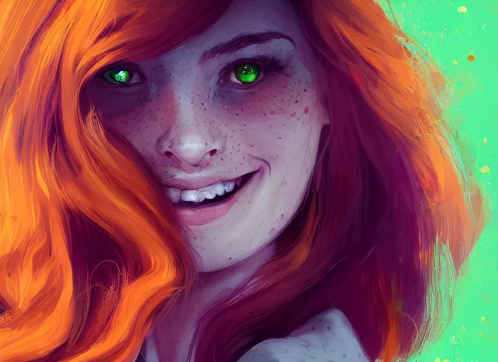 Image similar to portrait of a beautiful smiling girl with orange hair and freckles, green eyes, highly detailed, digital painting, concept art, smooth, sharp, focus, background is purple, artstation, style by Julia Razumova